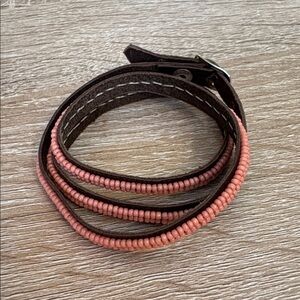 S&D Triple Wrap Brown leather coral seed bead Bracelet Adjustable buckle clasp